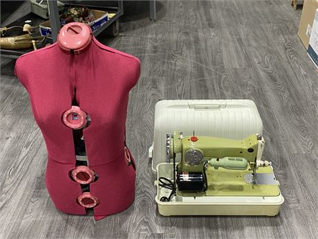 VINTAGE WOODCREST SEWING MACHINE + DRESS FORM STAND (15”X27”)