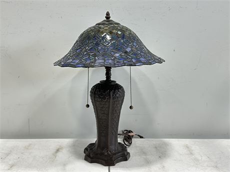 TIFFANY STYLE BRONZE STAIN GLASS LAMP (24” TALL)