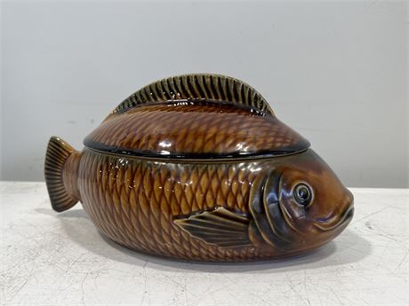 LARGE COVERED CERAMIC FISH BOWL - SIGNED - MADE IN FRANCE - 12” LONG