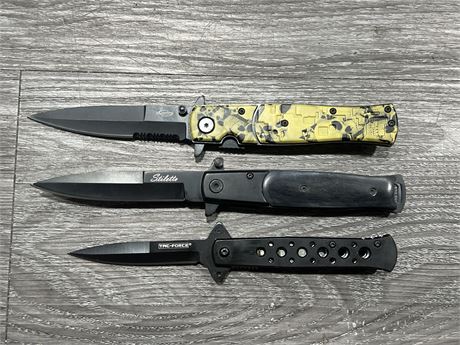 3 NEW FOLDING KNIVES - LARGEST IS 8”