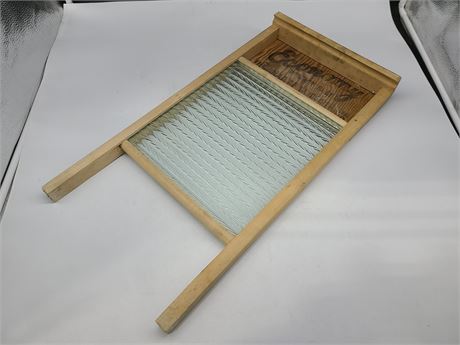 VINTAGE ADVERTISING GLASS AND WOOD WASHBOARD