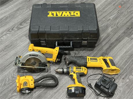 4 DEWALT 18V TOOLS IN CASE W/BATTERIES & CHARGER - GOOD WORKING COND.