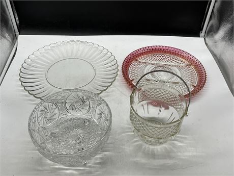 5 GLASS / CHRYSTAL BOWLS & PLATES - LARGEST IS 14”