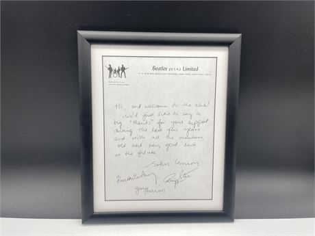 FRAMED BEATLES NOTE & AUTOGRAPHS - REPRODUCTION OF ORIGINAL 14”x11”