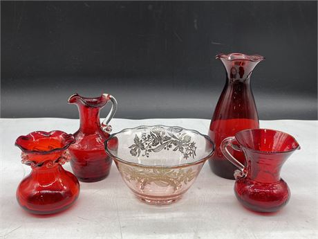 4 PC CRANBERRY GLASS (TALLEST IS 6”) + PINK DEPRESSION SILVER OVERLAY BOWL