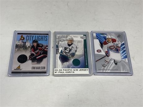 3 NHL JERSEY CARDS - KARIYA, GALLAGHER, KARLSSON