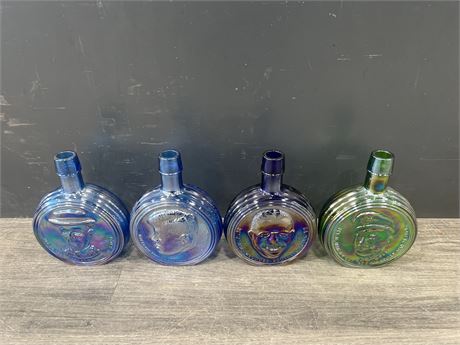 4 VINTAGE CARNIVAL / DEPRESSION GLASS DECANTERS - 8” TALL