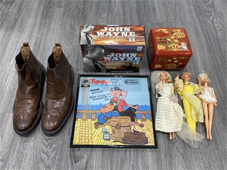 LOT OF COLLECTABLES - POPEYES PICTURE, JOHN WAYNE DVD SET, COWBOY BOOTS ETC.