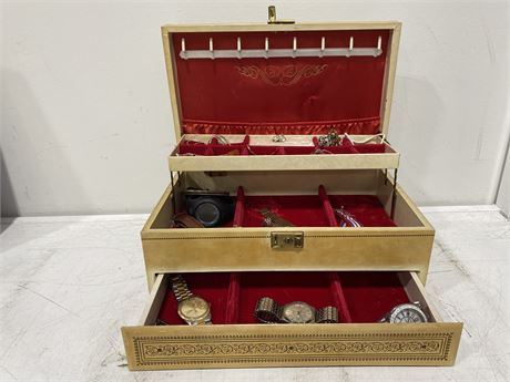ESTATE JEWELRY BOX FILLED W/ASSORTED WATCHES + OTHERS