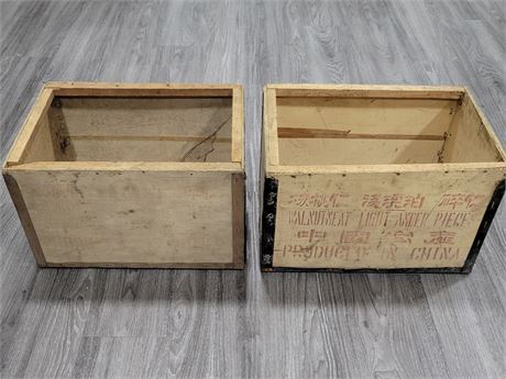 2 WOODEN BOXES FROM CHINA WITH METAL EDGES (18"x12"x12")