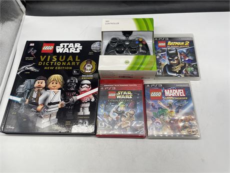 3 PS3 LEGO GAMES + LEGO STAR WARS BOOK WITH EXCLUSIVE FIGURE + CONTROLLER