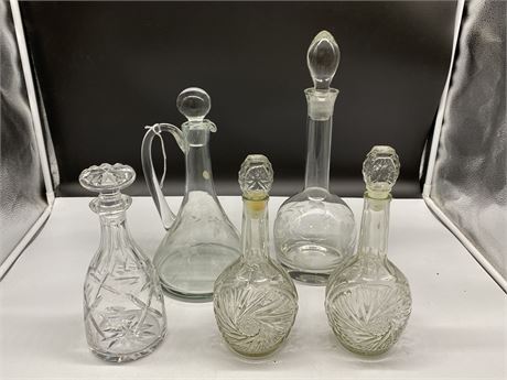 5 CRYSTAL / GLASS DECANTERS (Tallest is 15”, one needs repair)