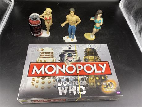 DR WHO 50TH ANNIVERSARY MONOPOLY & 3 BEER CAN HOLDER FIGURES