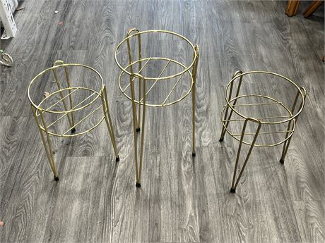 3 POLISHED BRASS PLANT STANDS (Tallest is 22” tall)