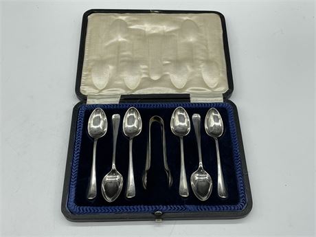 6 STERLING SPOONS & STERLING TONGS - HALLMARKED 1901