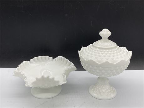 VINTAGE HOBNAIL MILK GLASS FOOTED CANDY DISH & COMPOTE DISH - 1 SCALLOPED