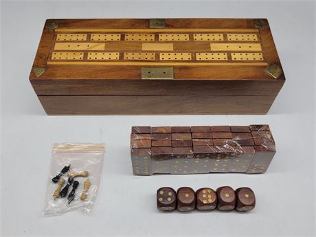 WOODEN CRIB BOARD WITH DOMINOES AND DICE
