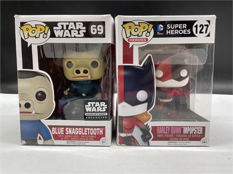 2 FUNKO POPS HARLEY QUINN IMPOSTER & BLUE SNAGGLETOOTH