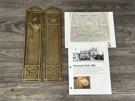 1893 VANCOUVER CLUB BRASS DOOR PLATES (4”x17”)