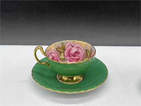 AYNSLEY HAND PAINTED CABBAGE ROSE TEA CUP & SAUCER