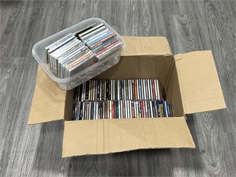 1 BOX OF MISC CDS + TRAY OF SEALED CDS (CLEAN DISCS / CASES)