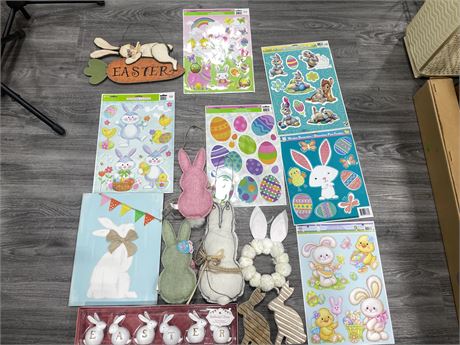 MISCELLANEOUS EASTER LOT 2 SIGNS, 6 CLINGS, 6 FIGURINES, 2 WOOD BUNNIES, & 4