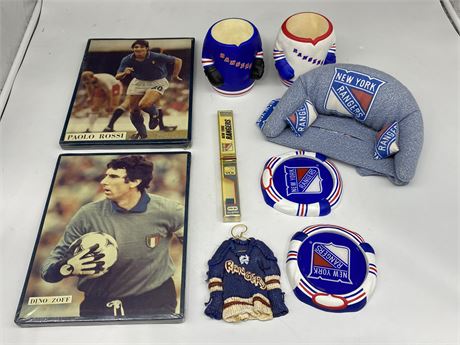 2 VINTAGE SMALL ITALIAN SOCCER PICTURES & NY RANGERS COLLECTABLES