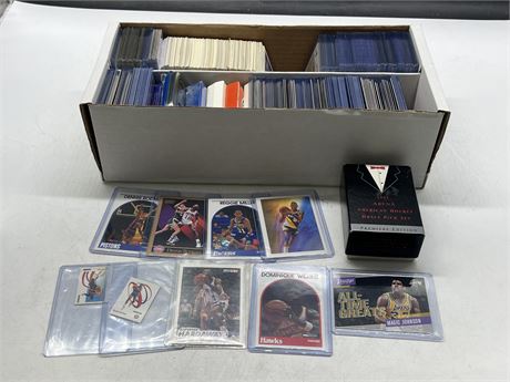 BOX OF NBA CARDS - MANY IN TOPLOADERS / EXCELLENT COND.
