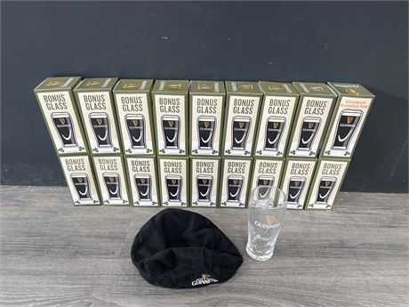 18 NEW GUINNESS BEER GLASSES + HAT - GLASSES ARE 7” TALL