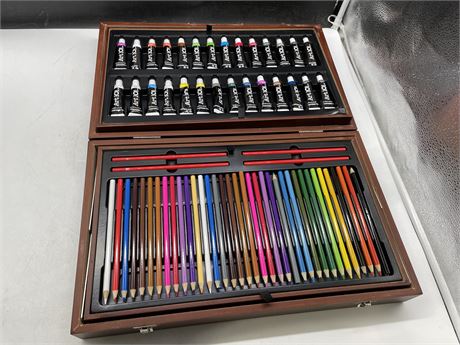 CASE FULL OF PAINTS, PASTELS + PENCIL CRAYONS