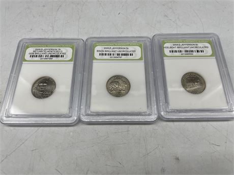 3 JEFFERSON 5C COINS (RETURN TO MONTICELLO, BISON, & KNEELBOAT)