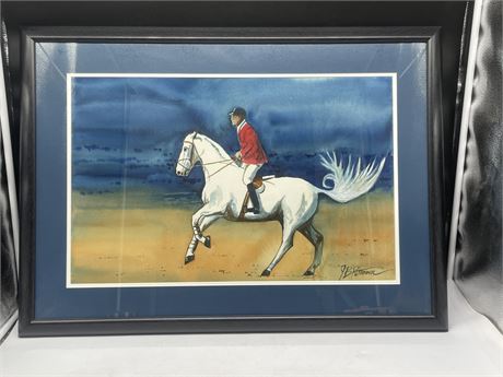 SIGNED HORSE + RIDER PAINTING 21”x29”