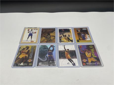 8 SHAQ O’NEAL CARDS - 1 PRE-ROOKIE, 4TH YEAR + OTHERS