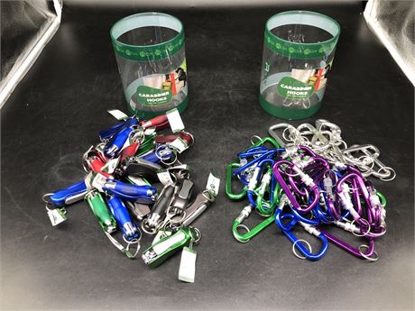 LOT OF CARABINER / NAIL CLIPPER-PEN KEYCHAINS
