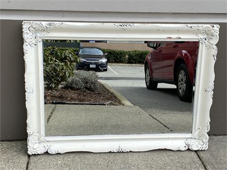 LARGE BEVELLED HAND CARVED DECORATIVE MIRROR (43”X31”)