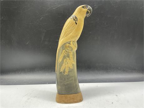 VINTAGE HAND CARVED HORN PARROT WITH GLASS EYES ON WOOD STAND 13”