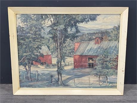 FRAMED PICTURE - RED BARNS IN VERMONT BY LUIGI LUCIONI (31”X24”)