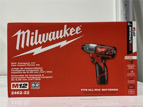 NEW IN BOX MILWAUKEE M12 COMPACT 1/4” HEX IMPACT DRIVER KIT