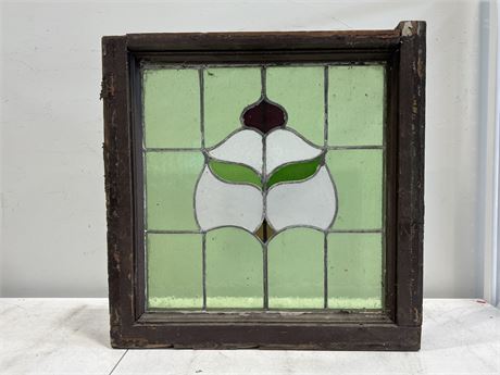 VINTAGE STAINED GLASS WINDOW PIECE IN WOOD FRAME (25.5”x26”)