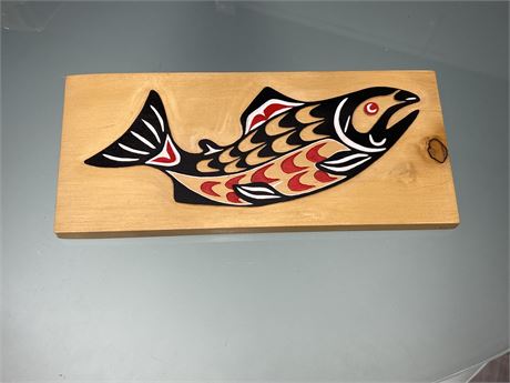INDIGENOUS CARVED WOOD PLAQUE SALMON BY LEN SAWYER
