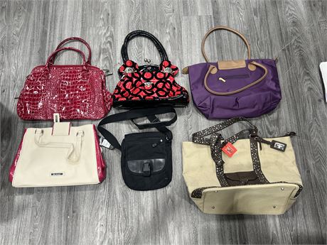 6 HAND BAGS - SOME NEW W/ TAGS - PRADA BAG UNKNOWN AUTHENTICATION