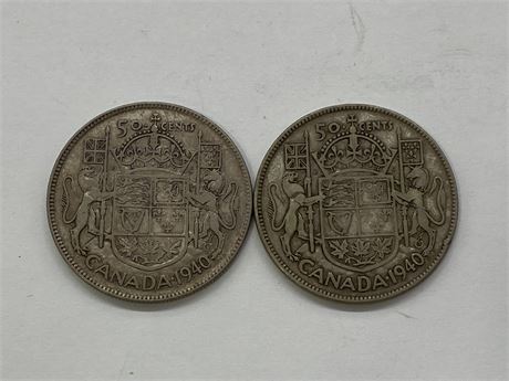 TWO 1940 SILVER FIFTY CENT COINS