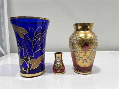 BLUE VASE W/ GOLD INLAY - 2 BOHEMIAN CRYSTAL VASES (blue is 9” tall)