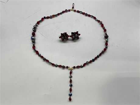 W. GERMANY RED BEADED NECKLACE (27”) & MATCHING CLIP ON EARRINGS