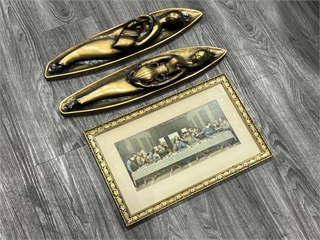 2 VINTAGE WALL PLAQUES & FINAL DINNER PRINT (19”x12”)
