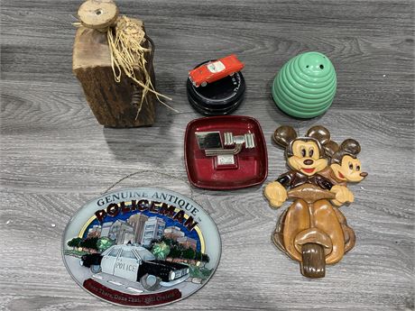 LOT OF ANTIQUES (fence post, vase, Mickey mouse wall piece)