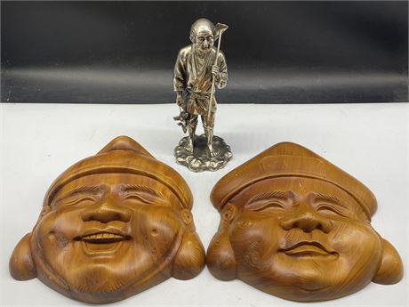 CHINESE SILVER PLATED STATUE (9”) & WOOD FACE DECOR (9”X9.5”)