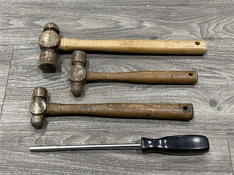 LOT OF 3 VINTAGE BALL PEEN HAMMERS & SNAP ON SCREW DRIVER