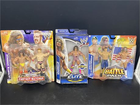 3 WWE FIGURES ALL INCLUDING THE ULTIMATE WARRIOR (5 figures total)