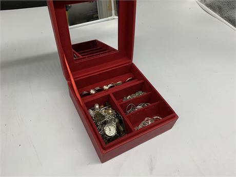 LOT OF JEWELRY IN VINTAGE RED CASE